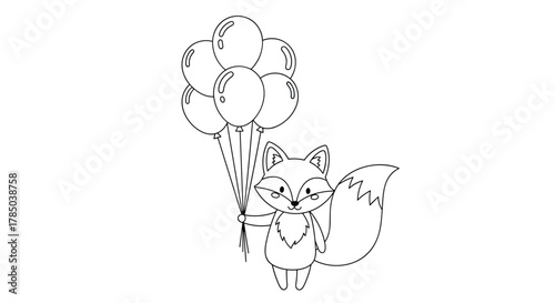 A cute little fox holding a bunch of balloons on a celebratory day.