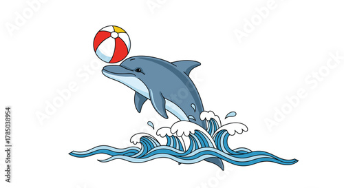 A playful dolphin leaps from the ocean waves while balancing a colorful ball on its nose.