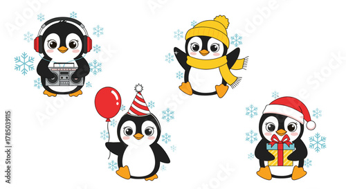 A delightful collection of four charming penguins celebrating the festive season in various joyful ways.