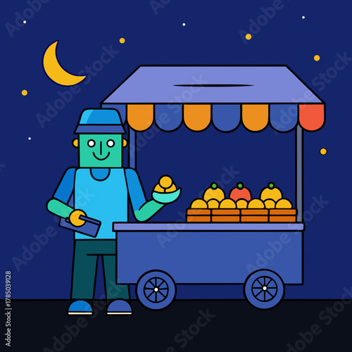 Cartoon vendor sells fruit from a cart under the night sky