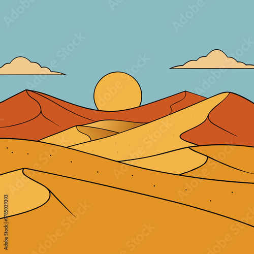 Stylized desert landscape with rolling sand dunes under a bright sun and clouds