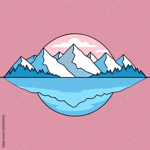 Stylized mountain range reflected in calm water under pink sky