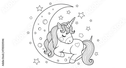 A whimsical unicorn naps peacefully on a crescent moon surrounded by twinkling stars and celestial elements.
