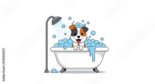 A happy dog enjoys a bubbly bath with a shower overhead.