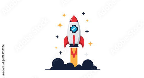 A vibrant cartoon illustration of a rocket launching into a starry sky with colorful sparkles and smoke clouds representing a successful ascent.