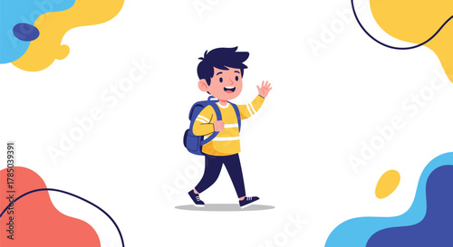 A happy young student walking to school with a backpack and waving hello.