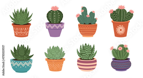 A collection of eight pixel art potted cacti and succulents in colorful patterned pots.