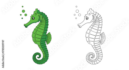 A detailed depiction of a green seahorse with bubbles against a white background in a line art style illustration.