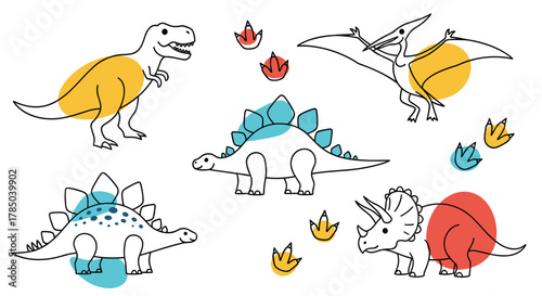 Cute cartoon dinosaurs and footprints in a playful pattern.