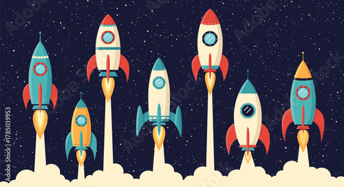 A fleet of colorful retro rockets blasting off into the starry night sky sending plumes of smoke into the atmosphere.