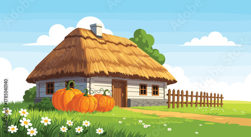 Charming rustic cottage with pumpkins in a sunny countryside meadow.