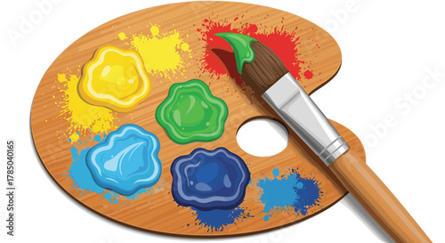 An artist's wooden palette holds vibrant colors and a brush ready for creative expression.