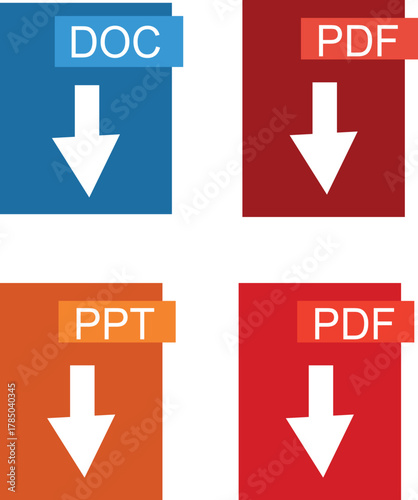 Four different document file types, including DOC, PDF, and PPT, with downward arrows indicating downloads.
