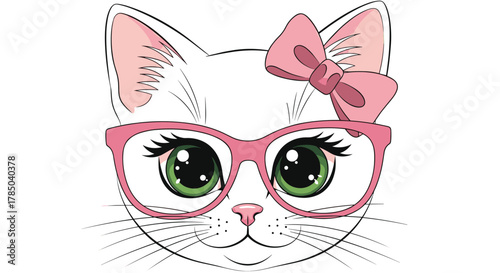 Cute white kitten wearing pink glasses and a pink bow on its head.