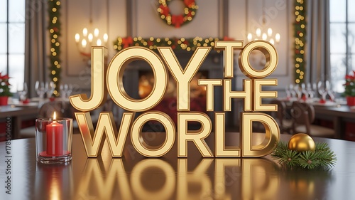 Warm Christmas Dining Room with “Joy to the World” Decor, Candlelight, Wreath and Festive Table for Cozy Holiday Celebration