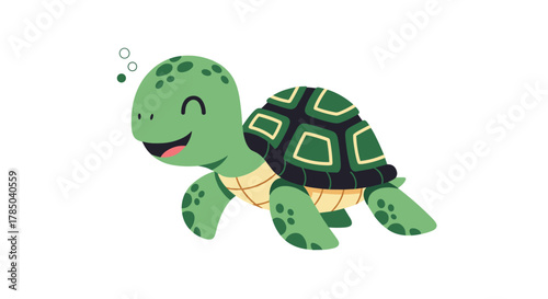 A cute cartoon sea turtle swims happily through the ocean waters with a cheerful expression.