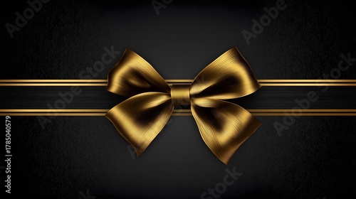 Elegant gold bow tied on a textured black background with gold stripes.
