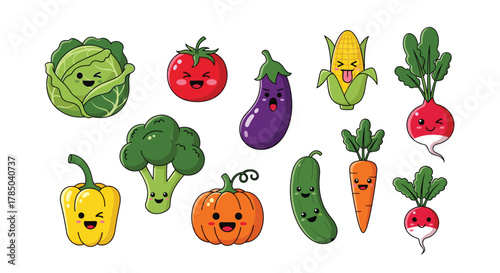 A charming collection of pixel art vegetables with expressive faces.