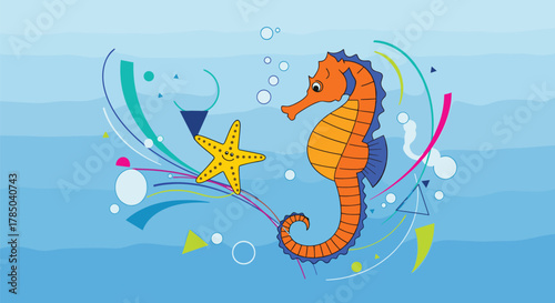A vibrant digital illustration featuring a playful orange seahorse and a yellow starfish against a soothing blue ocean background with colorful abstract swirls and bubbles.