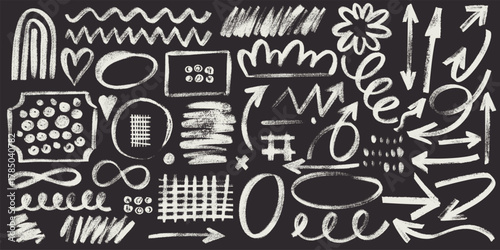 Hand drawn brush stroke arrows and asterisk marker line shapes set. Grunge textured squiggles, sketch paint elements, abstract geometric doodles for creative background design. Vector illustration.