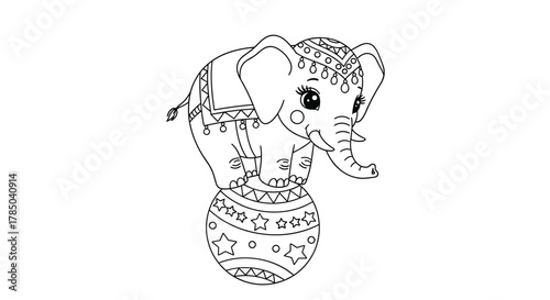 An adorable elephant balancing artfully on a patterned ball in a playful circus scene.