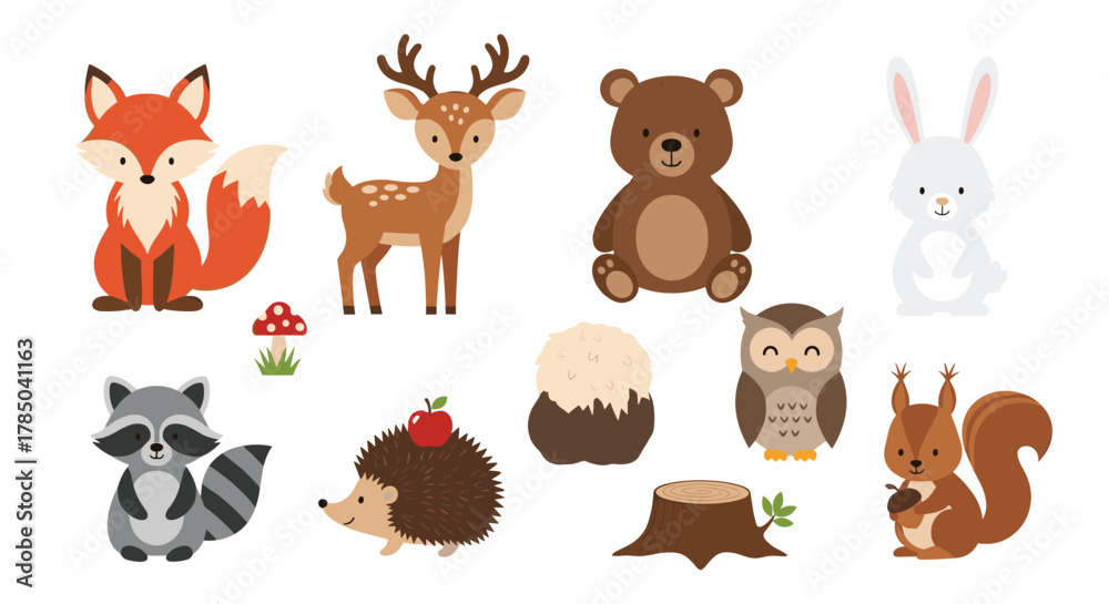 Fototapeta premium A whimsical collection of forest animals and woodland creatures rendered in a charming pixel art style.