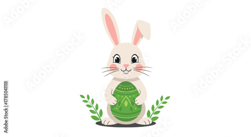 A charming bunny holding a decorated green egg surrounded by sprigs of greenery representing spring and Easter celebrations.