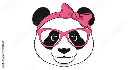 A cute panda wearing glasses and a pink bow is shown in the image.