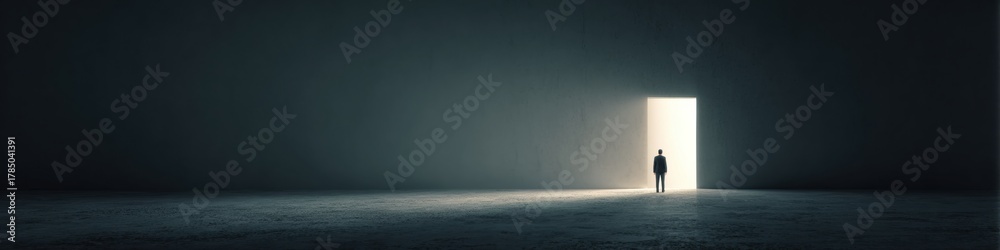 Obraz premium Businessman Stands Before Bright Open Door After Dark Corridor Representing Success and New Opportunities in the Professional World