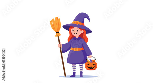 A young witch dressed in a purple outfit holding a broom and a trick or treat bucket with a pumpkin face.