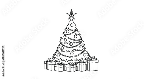 A beautifully decorated christmas tree with presents underneath its branches.