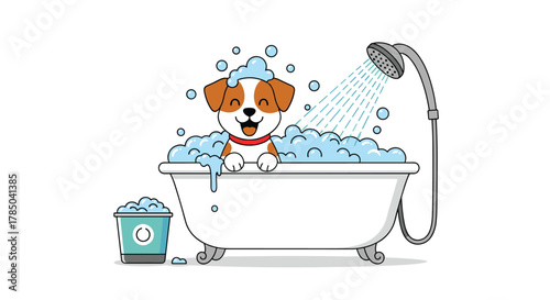 A happy puppy enjoys a bubbly bath time with a shower head pouring water on it.
