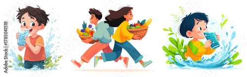 A set of illustrations promoting a healthy lifestyle for children, including drinking water and eating fruit