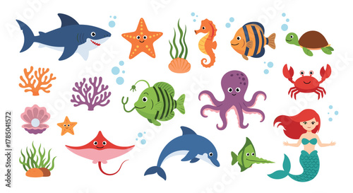 A delightful collection of pixelated ocean creatures and marine life in vibrant colors.