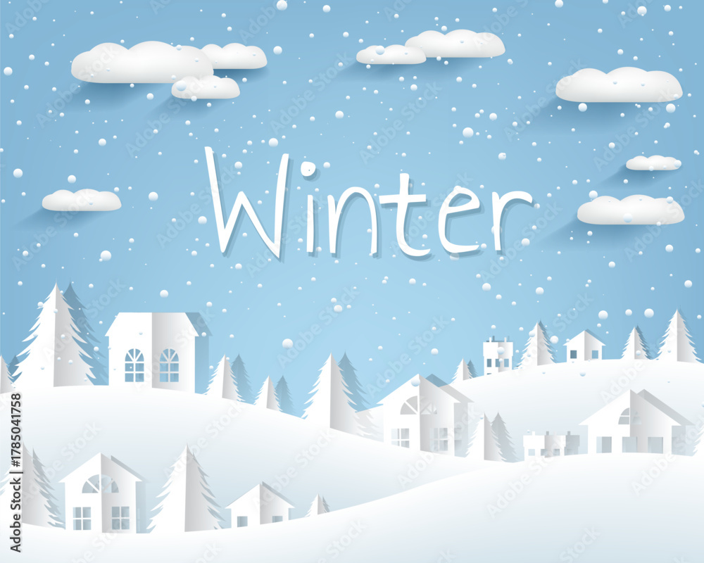 Fototapeta premium Winter Background With Snowflakes With Houses