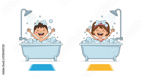 Joyful children delight in bubbly bathtime splashing and playing with water creating a fun and refreshing experience together.