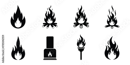Fire icons isolated on white background representing flame, heat, and burning
