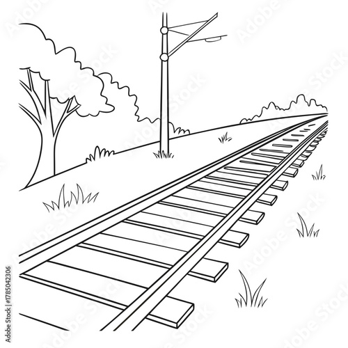 Illustration of a railway track receding into the distance with trees and an overhead power line the track is surrounded by grass