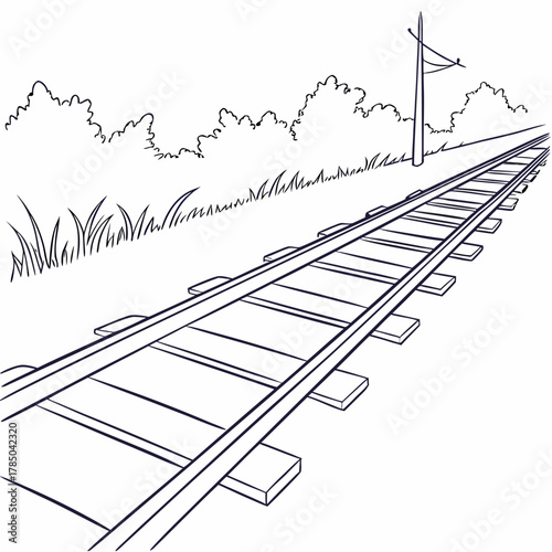 Illustration of a straight railway track receding into the distance, conveying a sense of journey, destination, and the infrastructure of modern transportation