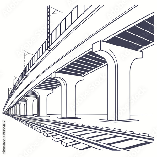 Illustration of a railway bridge with perspective view the bridge is supported by concrete pillars and has a railing on top