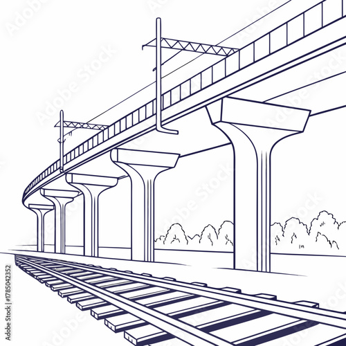 Illustration of a curved elevated railway line with supporting pillars and tracks, showcasing modern transportation infrastructure