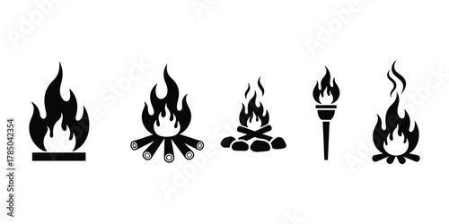 Various fire icons isolated on white background showcasing different flame shapes
