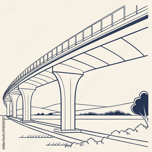 Illustration of a railway bridge with perspective view the bridge is supported by concrete pillars and has a railing on top