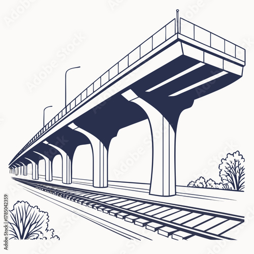 Illustration of a railway bridge with perspective view the bridge is supported by concrete pillars and has a railing on top