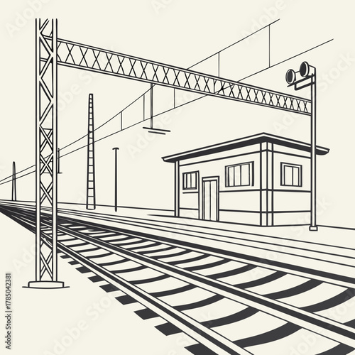 Illustration of a railway station with tracks, overhead lines, and a small building, showcasing a typical train stop