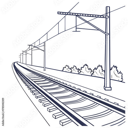 Illustration of a railway track disappearing into the distance, complete with overhead lines and support structures