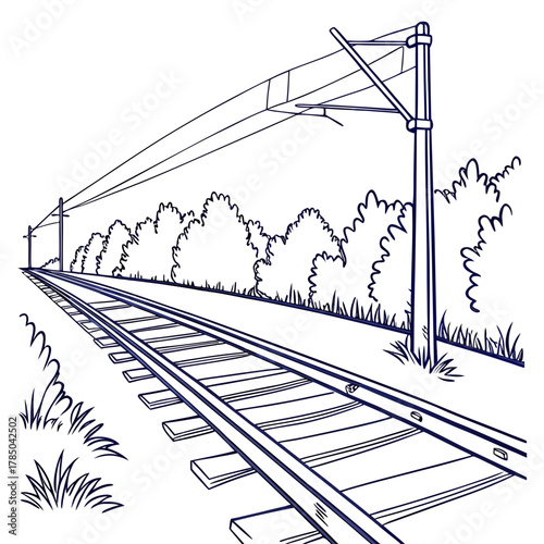 Illustration of a railway track disappearing into the distance, with overhead power lines and vegetation along the side