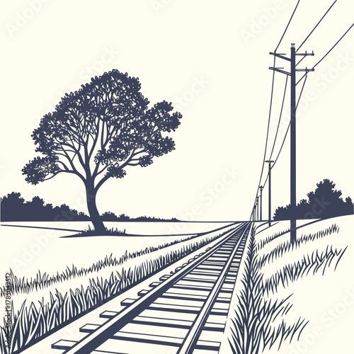 A serene monochrome landscape featuring a railway track stretching into the distance, flanked by a solitary tree and power lines