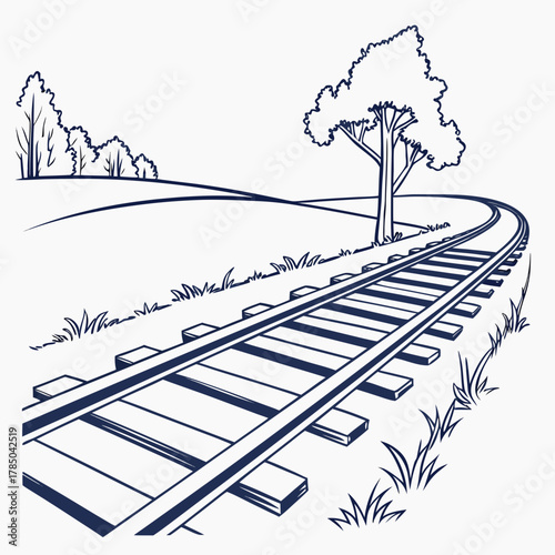 A picturesque monochrome drawing of a curved railway track meandering through a serene rural landscape with a solitary tree