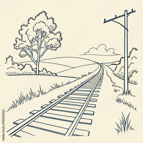 Railway track in rural landscape a serene view of a railway track winding through a peaceful countryside setting
